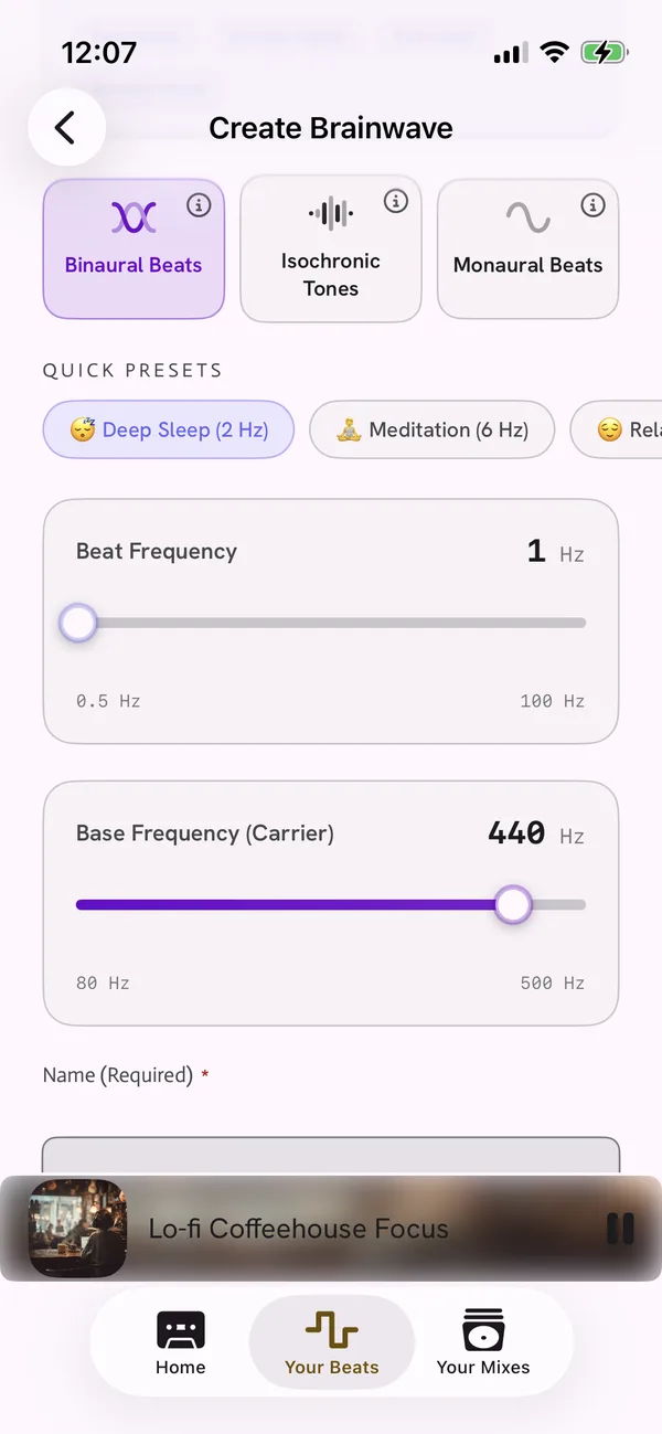 Create Brainwave screen with binaural, isochronic and monaural options