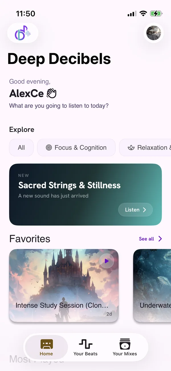 Deep Decibels home screen with sound categories