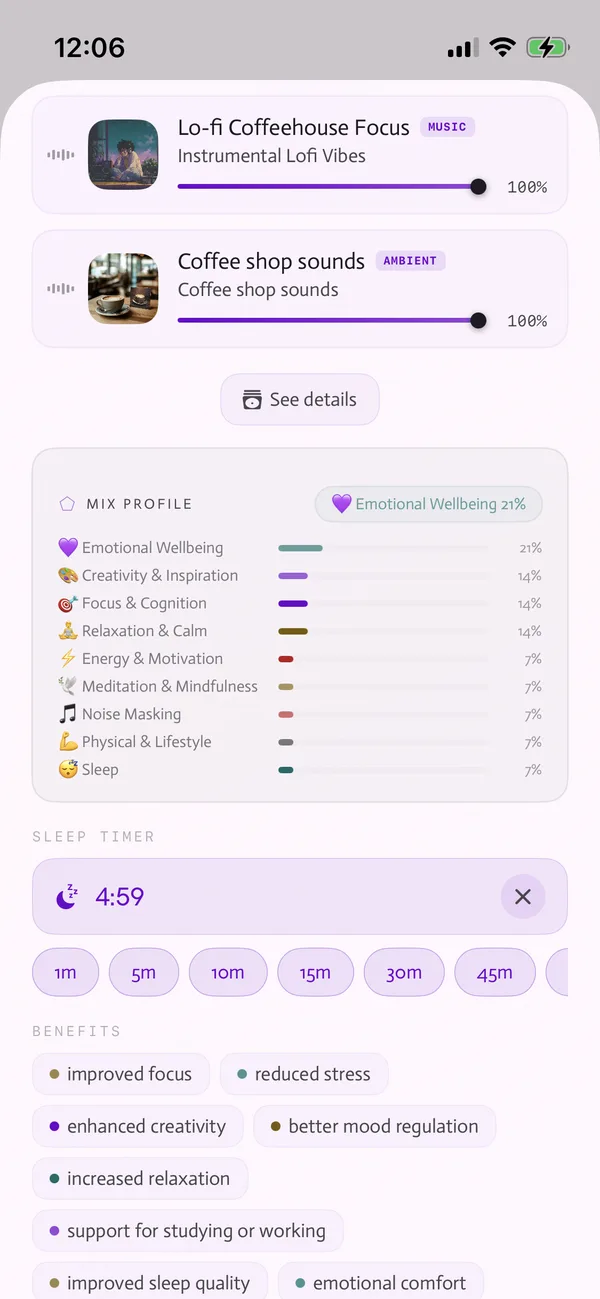 Mix profile showing the benefit of each sound and the sleep timer