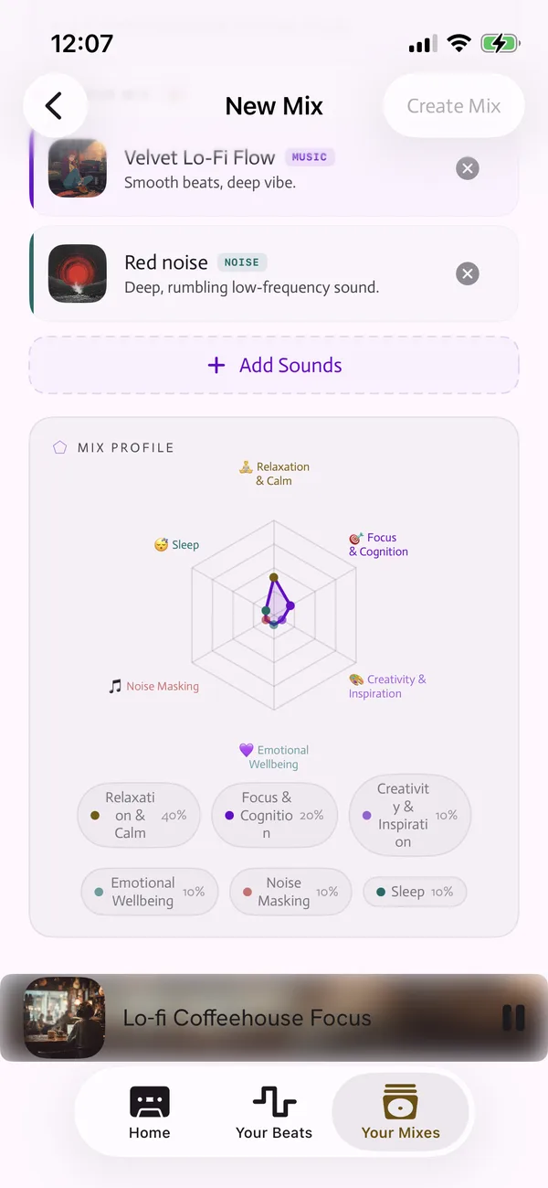 New Mix screen combining lo-fi music with red noise