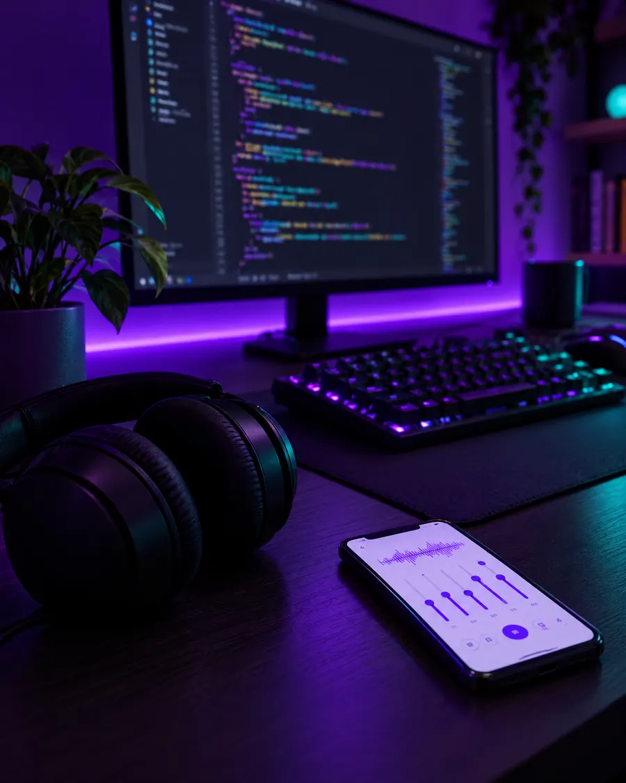 A developer's desk at night with headphones and the Deep Decibels mixer on a phone