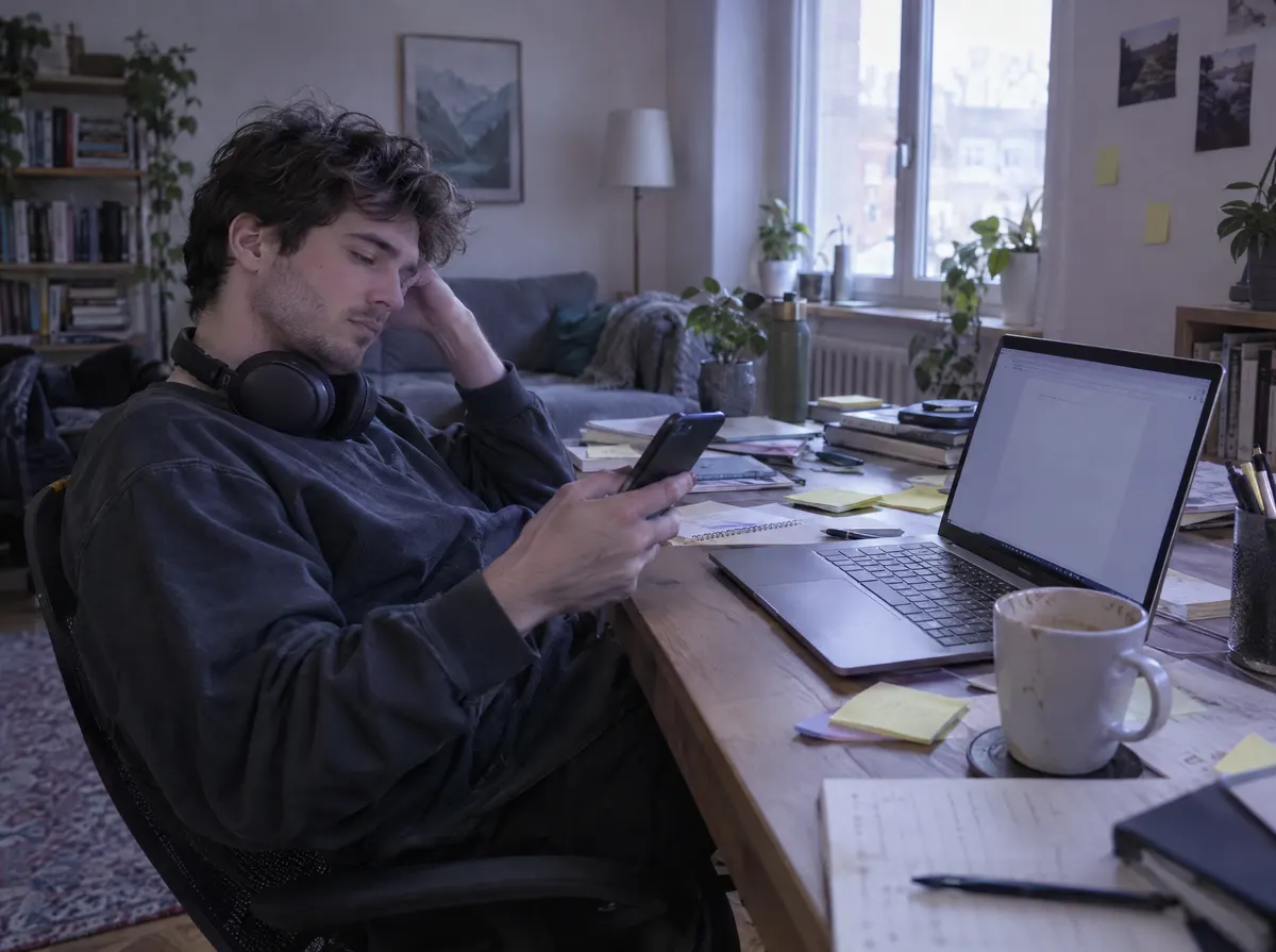 A distracted professional scrolling his phone at a cluttered home desk